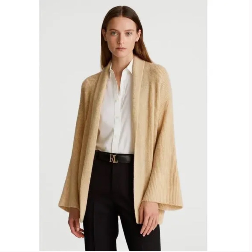 Lauren Ralph Lauren Linen Knit Open Cardigan Flare Sleeves in Tan Size Small